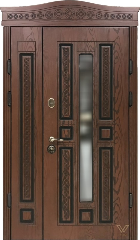 Двері для будинку з полімерними накладками, карнізом і склопакетом